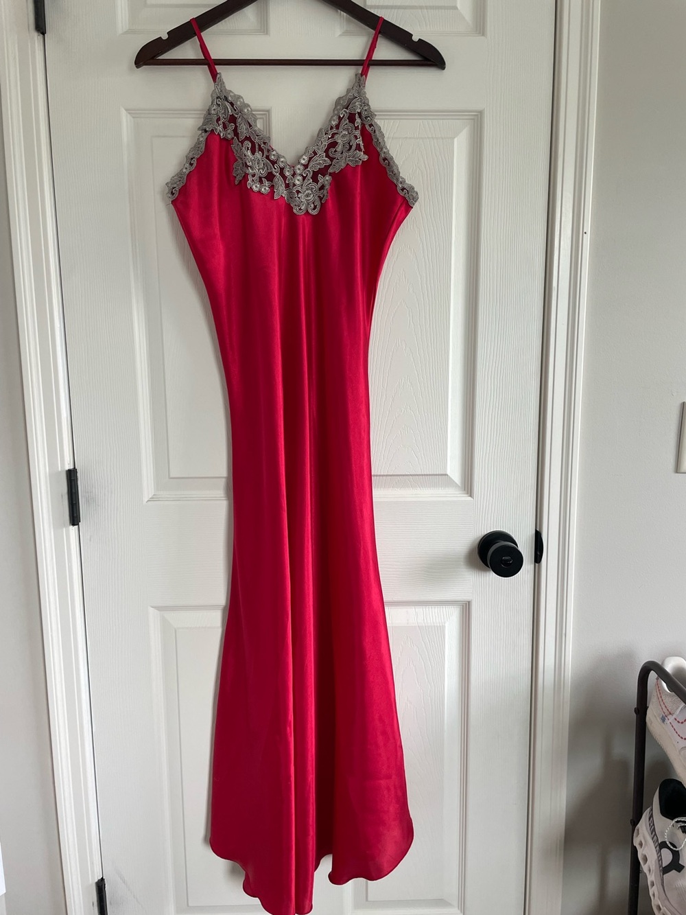 Bright Red Lace Trim Slip Dress Satin Finish Midi Medium Vibrant Summer Dress